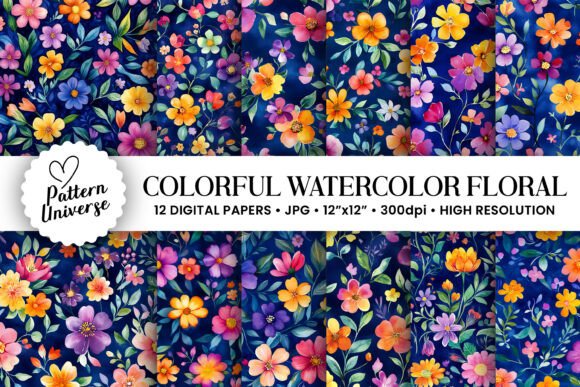 Download Colorful Watercolor Flower Digital Paper - Colorful Collection