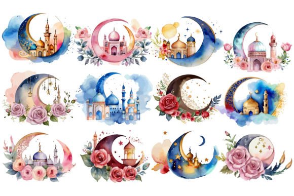 Download Watercolor Moon Ramadan Mosque Design - Watercolor moon Collection