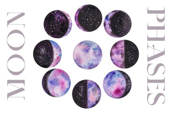 Download Watercolor Moon Phases - Cosmic PNG Set - Watercolor moon Collection