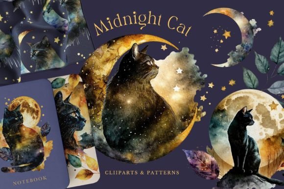 Download Cat Watercolor Moon Starry Mystic Magic - Watercolor moon Collection